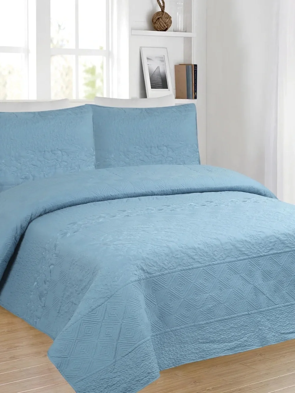 3 PIECE ELEGANT EMBROIDERED QUILT SET – TEXTURED FLORAL & GEOMETRIC BEDSPREAD